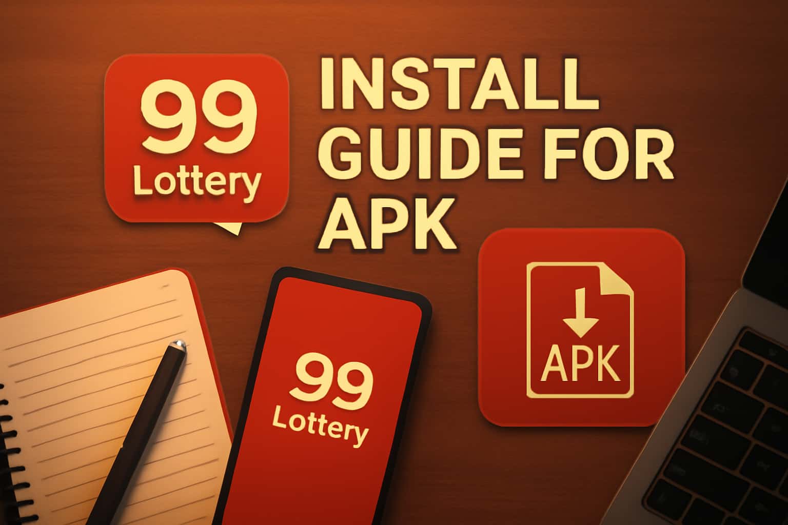 Informational scene depicting the installation guide for 99 Lottery APK.