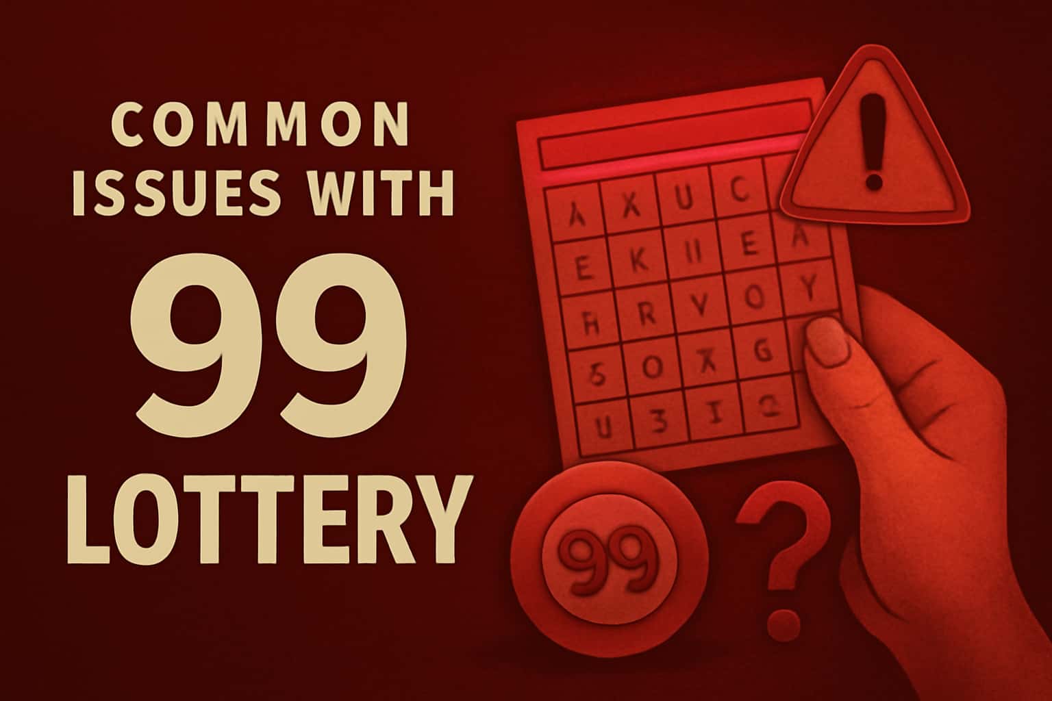 A neutral informational scene highlighting common issues with the 99 Lottery app.